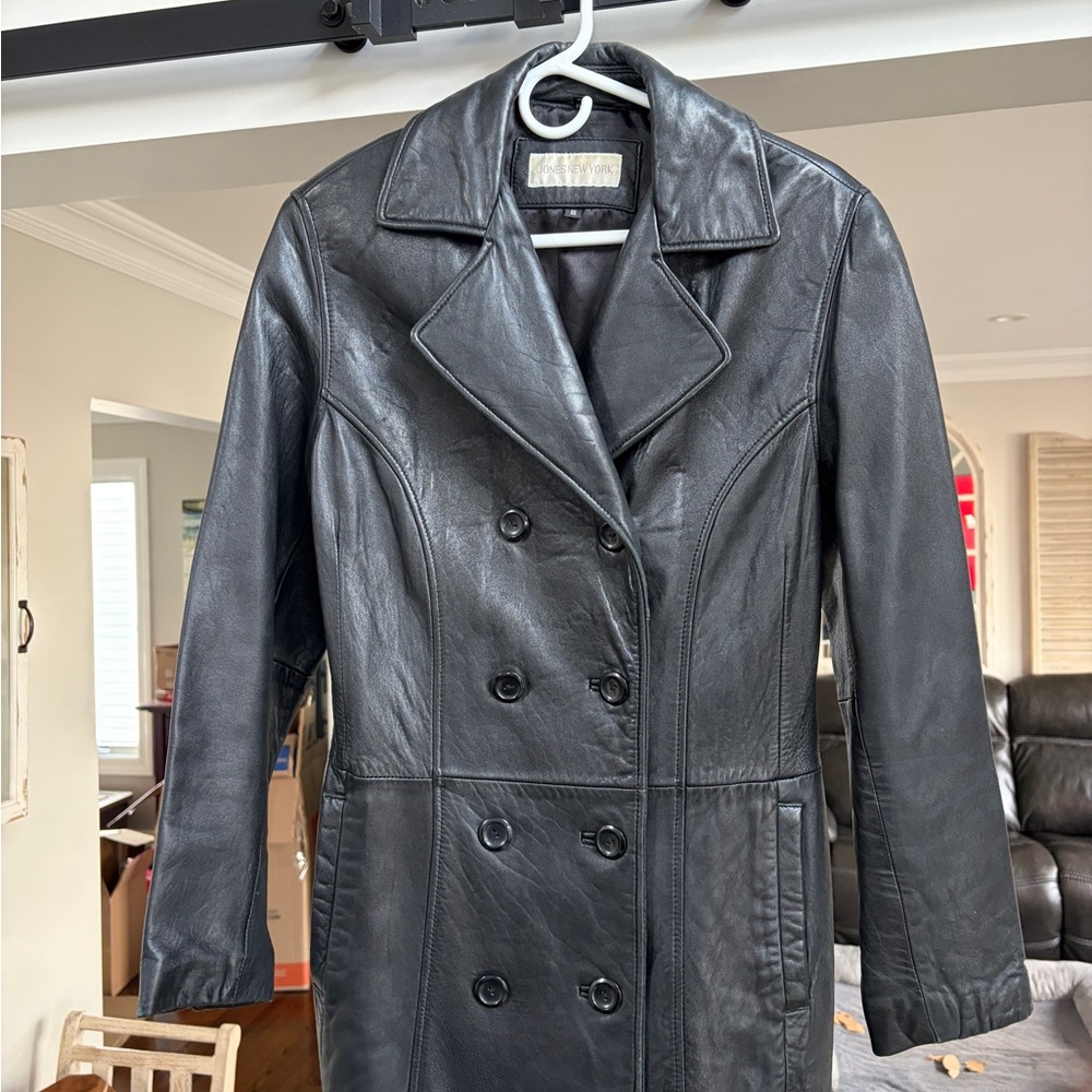 Jones New York Black Leather Double-Breasted Jacket
